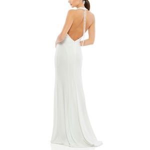 Mac Duggal 25572 Beaded High Halter Neck Open Back Slit Gown